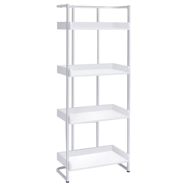 A steel bookcase is bound to steal your heart with its stylish appearance. Four roomy shelves allow for displaying your favorite novels. With its open back design, you-'ll have no trouble finding the ideal spot in your modern office. Its construction ensu