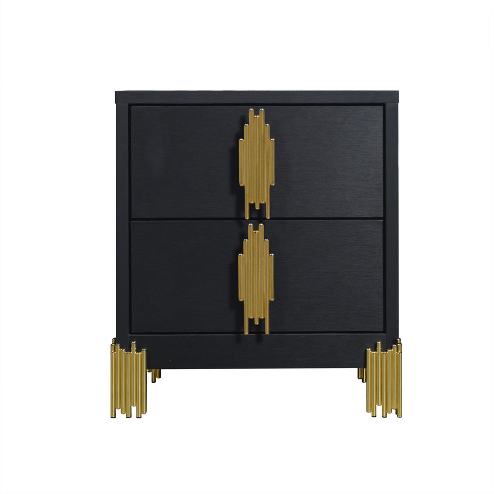 Introducing the Empire 2 Drawer Nightstand in sleek black, a stylish addition to any bedroom. Crafted with lasting durability in mind, this nightstand features eco-friendly materials and a sophisticated finish for a contemporary touch. Its gleaming gold d