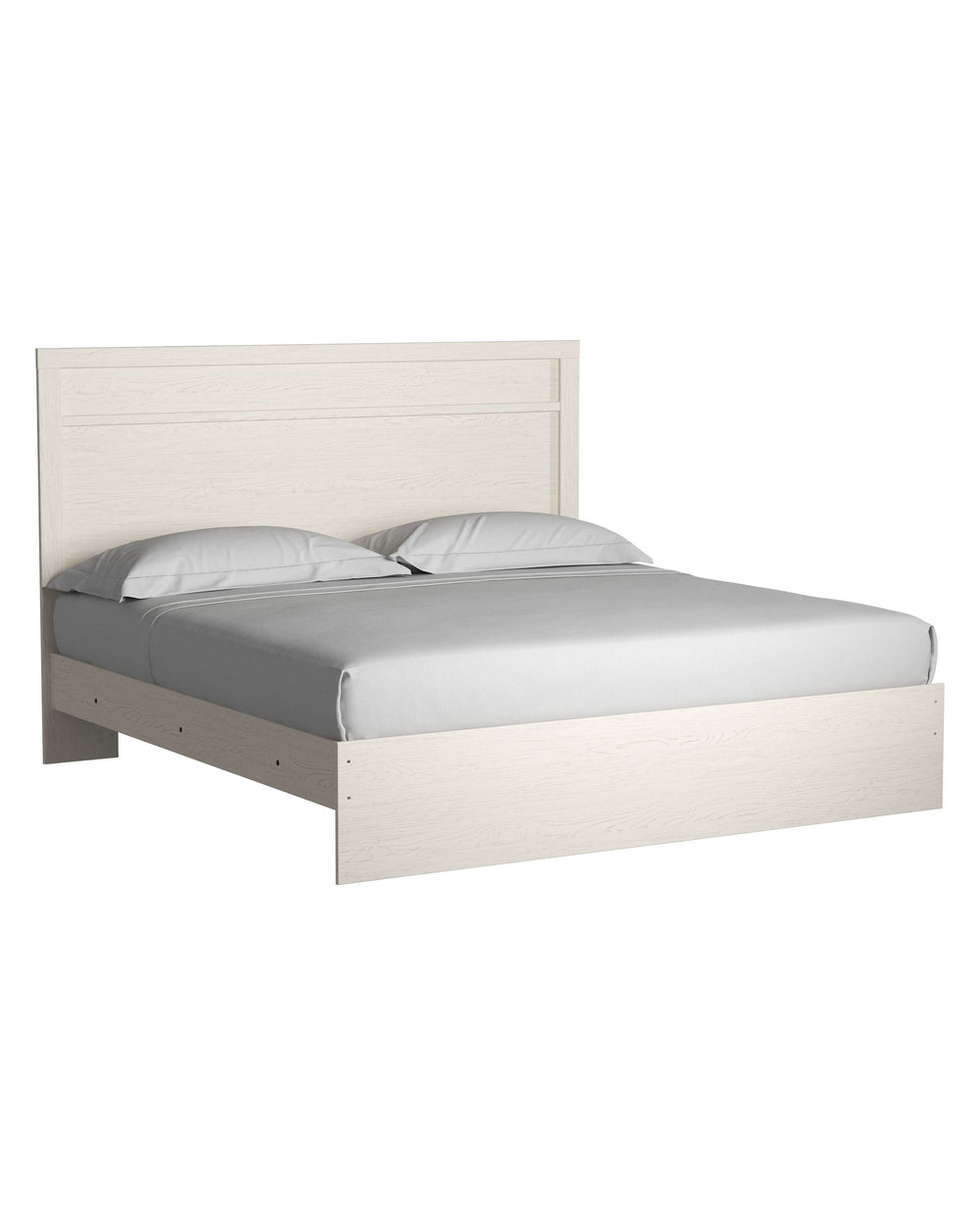 With its clean-lined look and modern attitude, this king panel bed is a fresh style awakening. Crisp, white hue over subtle replicated wood grain easily complements other furniture finishes. Simple, unadorned profile is given depth and dimension with the 