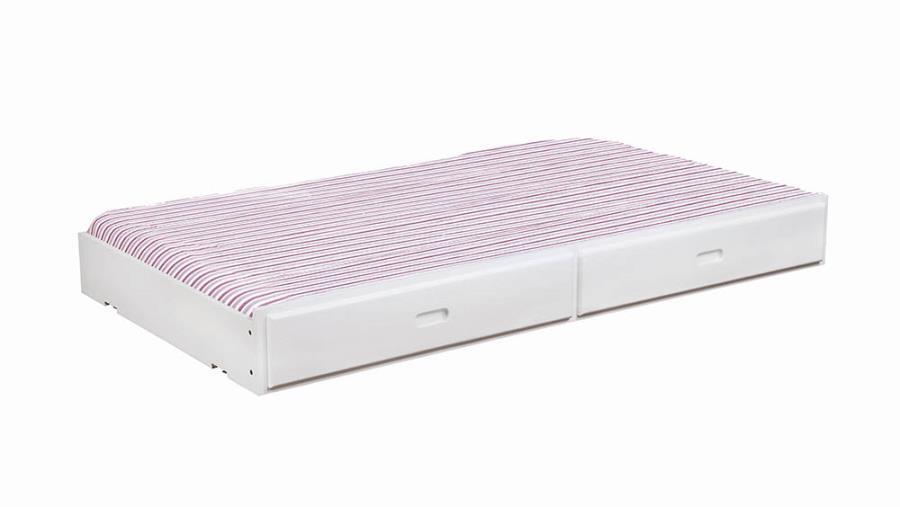 The ultimate space saver, this universal storage trundle easily converts between a storage drawer and trundle bed. Crafted of solid pine, this piece includes six-piece slats and plywood boards. Sleek and smooth, the flat fronts feature smooth built-in han