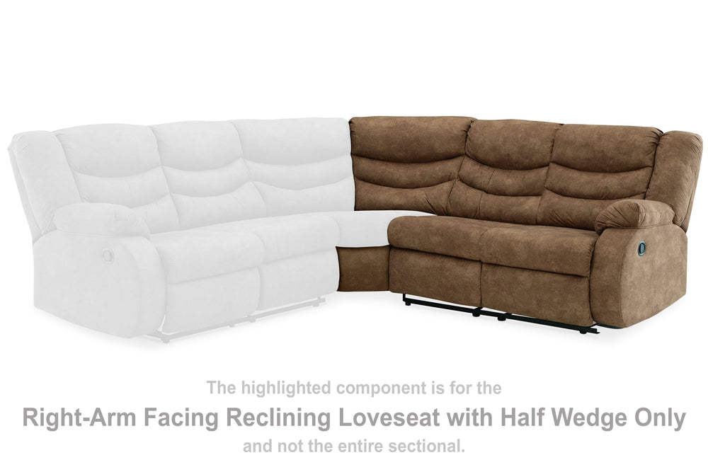 This right-arm facing reclining loveseat with half wedge is made with faux leather upholstery. Pairs with other items in the series to make a sectional.<br><br><b>Additional Dimensions</b><br><ul><li>Arm height: 26-"</li><li>Seat depth: 22-"</li><li>Seat 
