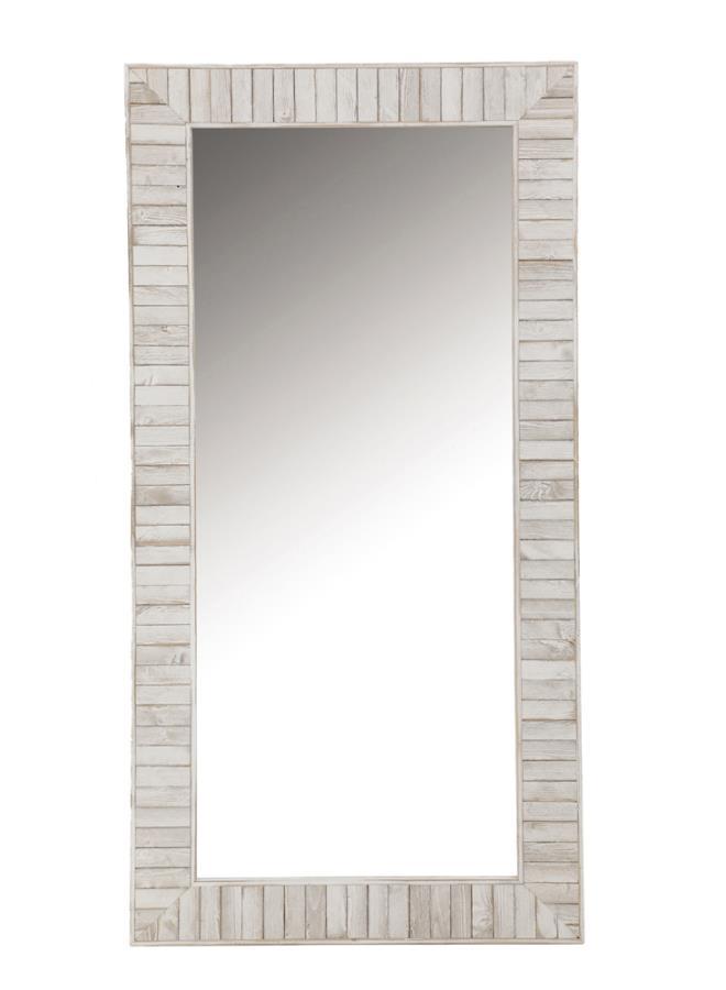 With a country-inspired aesthetic, this rectangle mirror features a weathered white frame. The handcrafted white frame lends itself to rustic style homes and spaces, such as entryway foyers. Place this tall mirror in a beachside cottage to match the coast