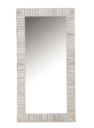 With a country-inspired aesthetic, this rectangle mirror features a weathered white frame. The handcrafted white frame lends itself to rustic style homes and spaces, such as entryway foyers. Place this tall mirror in a beachside cottage to match the coast