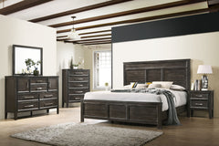 The Andover Wood 5-Piece Bedroom Set in Nutmeg Brown offers a timeless blend of style, durability, and functionality, making it an ideal choice for a complete bedroom transformation. This set includes a Panel Bed, Dresser, Mirror, and two Nightstands, all