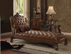 Create an elegant, traditional design in your room with the Versailles Chaise. A hand-crafted piece inspired from the luxurious designs of the past, this stunning piece comes in a rich cherry oak finish and features a two tone, light brown, PU button-tuft