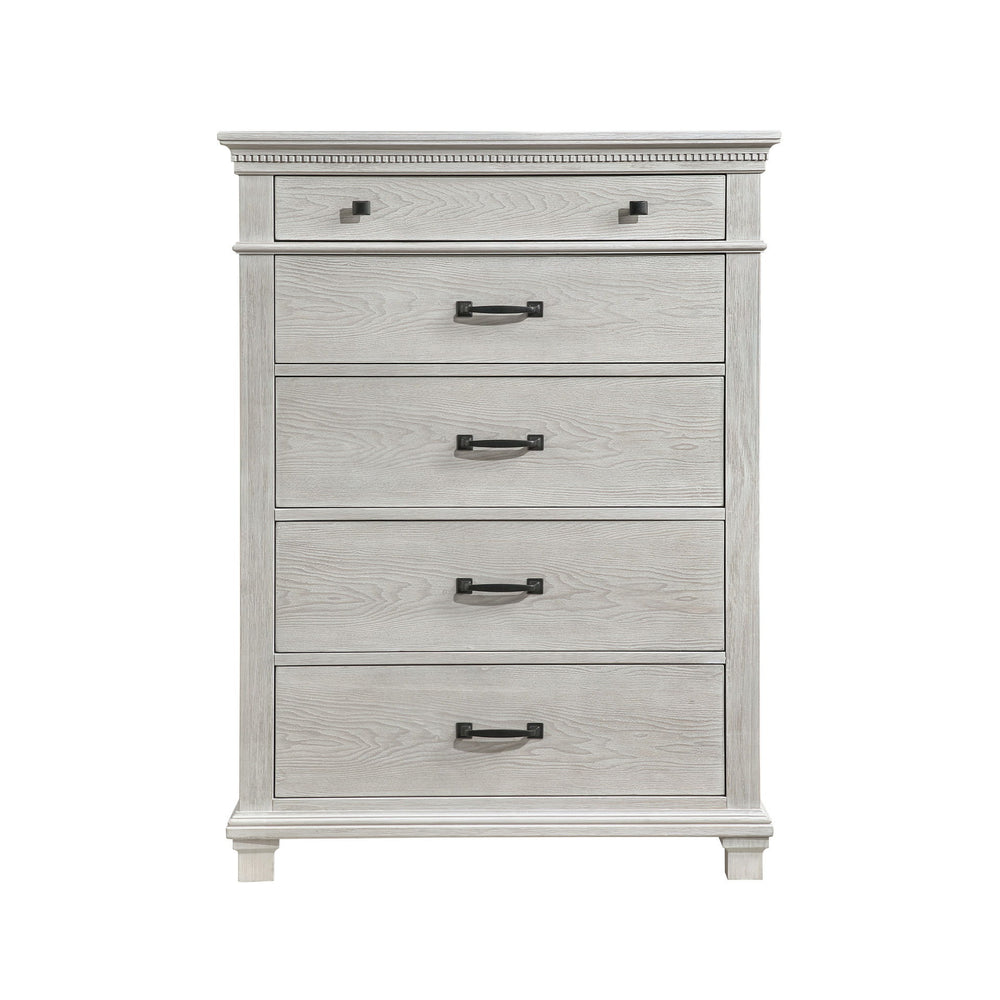 The Silver Sands Chest is built with durable, quality construction using solid pine, manufactured woods, and oak wood veneers, ensuring a strong and stable piece. Its transitional style blends clean, simple lines with a rustic wood finish, creating a calm