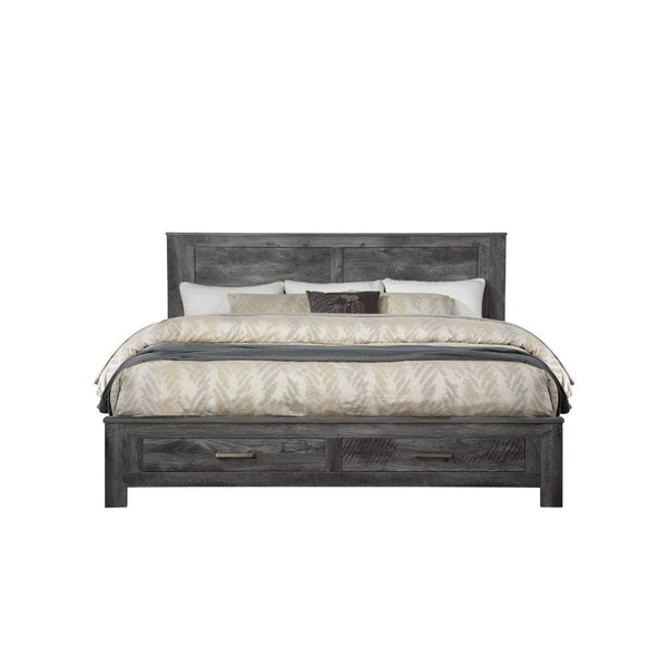 The Vidalia bedroom collection conveys the character of rugged simplicity in living close to nature while maintaining stylish comfort. This collection includes sturdy wood construction, rough sawed plank panels, all rustic gray oak finish. The storage bed