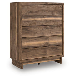 Nostalgic style, retooled for todayâ€™s trends. This wide chest of drawers puts an elevated twist on mod aesthetics. Its warm brown tones reflect the mid-century vibes you love, while the angular base incorporates contemporary motifs. Integrated drawer ha