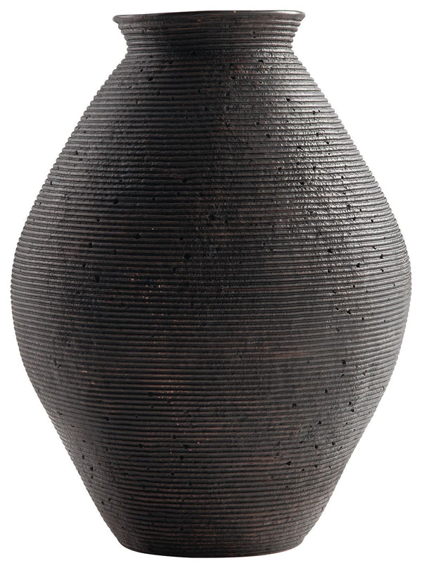 Ribbed textural rings give this vase a wonderful artisanal quality. An antiqued brown finish catches the eye, drawing attention to this elegantly earthy centerpiece.<br/><br/><b>Product Features</b><ul><li>Made of polyresin</li><li>Antiqued brown finish</