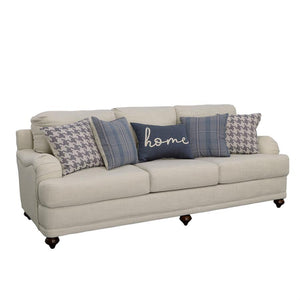 Farmhouse inspiration delivers a fresh, stylish look to a transitional space with this exceptional sofa. With tailored English arms and turned legs offering a contrasting espresso finish, this sofa shines with a light grey linen-like upholstered cover. Th