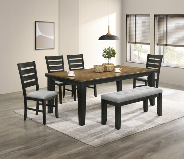 This dining group effortlessly combines farmhouse warmth with modern sophistication, creating a captivating focal point for any dining space. The table features a rich, two-tone design with a beautifully finished wood top and contrasting dark legs, delive