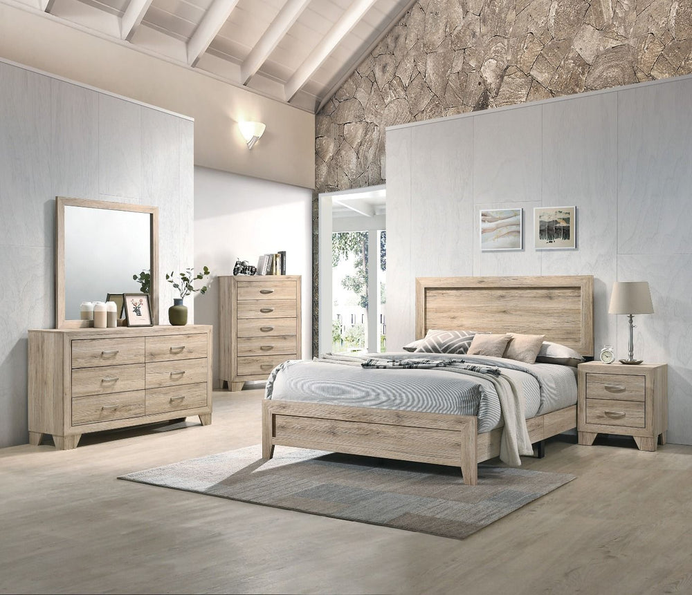 The Miquell bedroom collection provides a commanding presence in any bedroom. This contemporary panel bed features a rectangular headboard with low profile footboard with tapered legs, crafted with a transitional look that is an ideal addition to any bedr