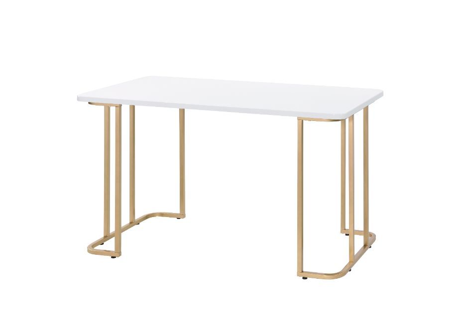 Personfiy your workplace with some bold, clear and strong accessories. The Estie Writing Desk boasts a clean-lined metal sled base, with gold finish enhancing its modern silhouette. White rectangle table top offers a spacious and clean workplace. Simple a