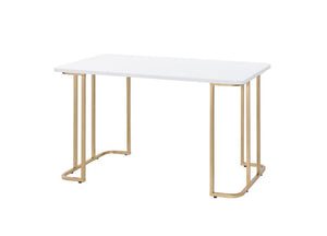 Personfiy your workplace with some bold, clear and strong accessories. The Estie Writing Desk boasts a clean-lined metal sled base, with gold finish enhancing its modern silhouette. White rectangle table top offers a spacious and clean workplace. Simple a