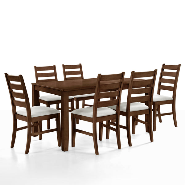  a perfect blend of style and functionality. This set includes a 59-inch long rectangular wood dining table and six matching chairs