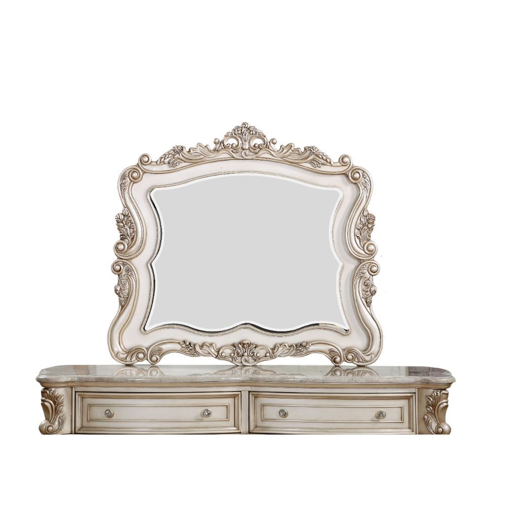 The Gorsedd dresser is exclusively designed and filled with romantic spirit. Expertly detailed, the mirror is crafted with romantic elements combining Queen Anne legs and ornate floral accents in matching antique finish. Add glamorous French provincial ch