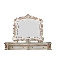 The Gorsedd dresser is exclusively designed and filled with romantic spirit. Expertly detailed, the mirror is crafted with romantic elements combining Queen Anne legs and ornate floral accents in matching antique finish. Add glamorous French provincial ch