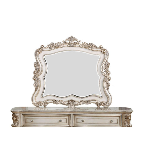 The Gorsedd dresser is exclusively designed and filled with romantic spirit. Expertly detailed, the mirror is crafted with romantic elements combining Queen Anne legs and ornate floral accents in matching antique finish. Add glamorous French provincial ch