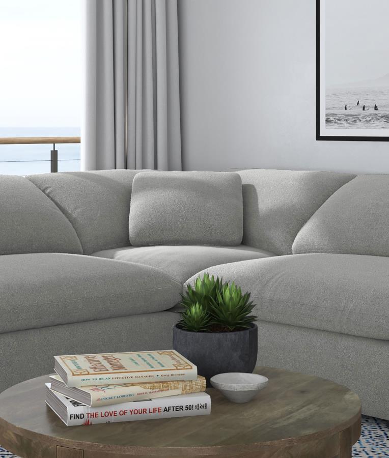 Design a custom configuration for your modular sectional with a modern corner chair. This foundational piece features neutral water-resistant boucle upholstery for an on-trend look and feel that works in a variety of homes and living spaces. The corner ch