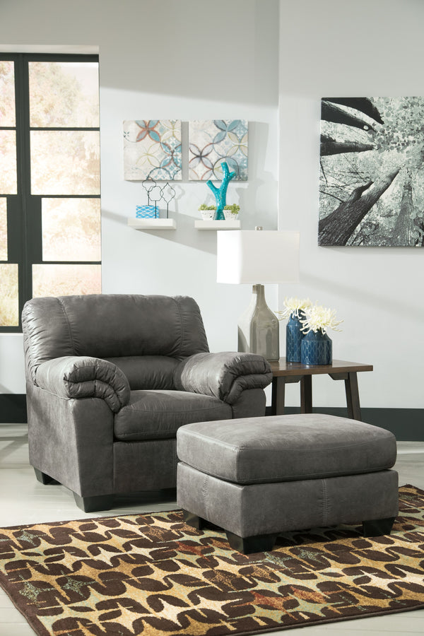 For a fresh spot in your space, turn to this designer chair and ottoman. Wind down at the end of a long day when you sink into this canyon of comfort. <h4><b>Bladen - Slate - Chair</b></h4> <table width=-"100%-"><colgroup><col style=-"width: 30%