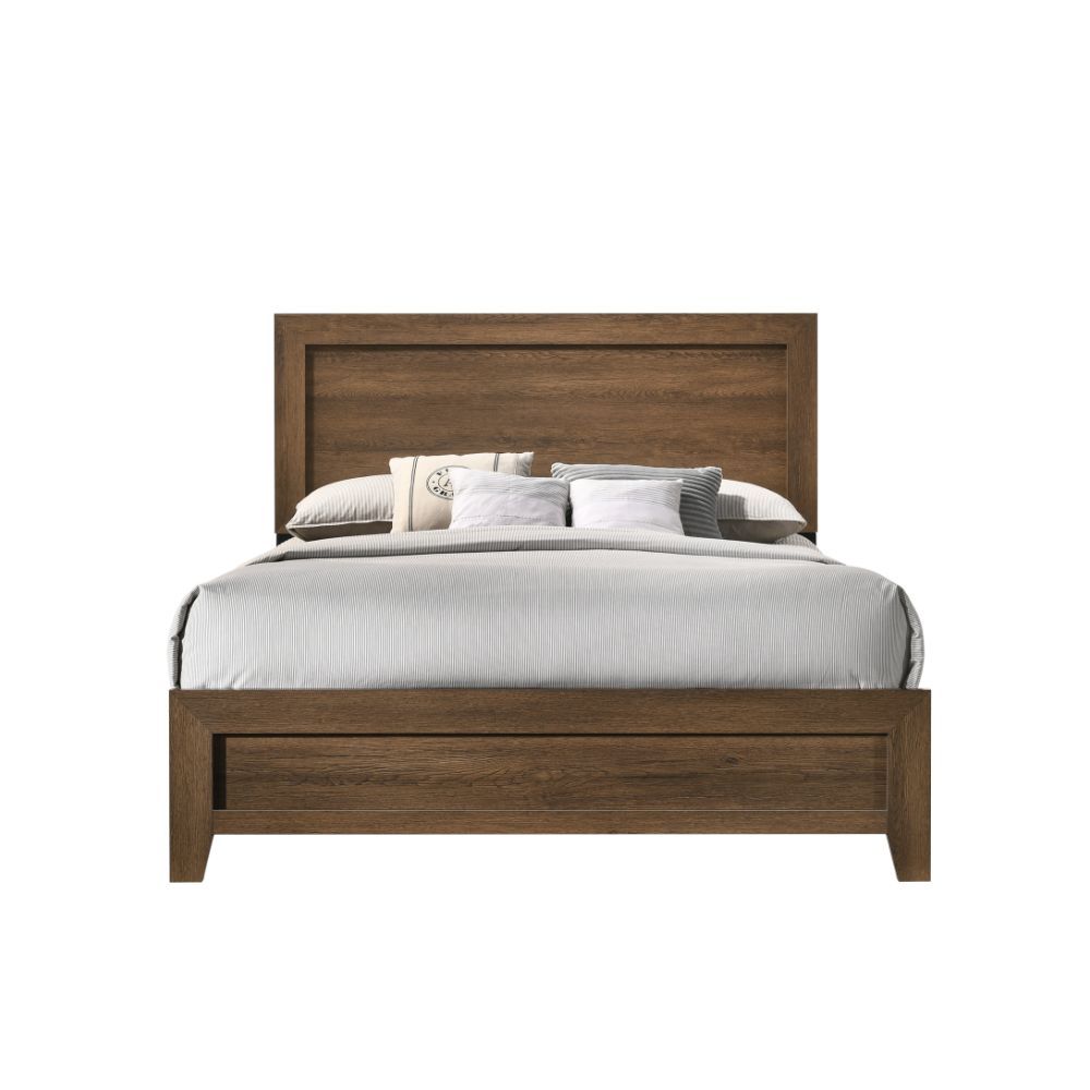 The Miquell bedroom collection provides a commanding presence in any bedroom. This contemporary panel bed features a rectangular headboard with a low profile footboard and tapered legs. All expertly crafted with a transitional look that is an ideal additi