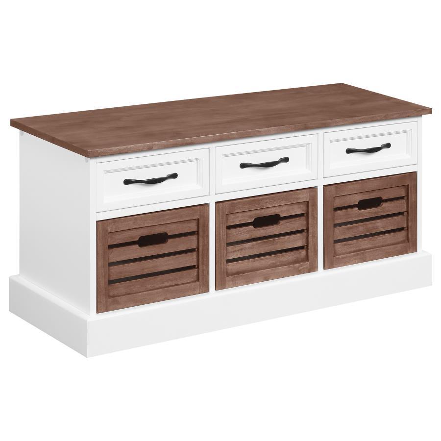 Elevate a hallway or entryway with the delicate details from this modern storage bench. With three drawers and three wooden baskets, this bench is great for storing extra linens or shoes. Rich, warm cappuccino contrasts against crisp white to create a stu