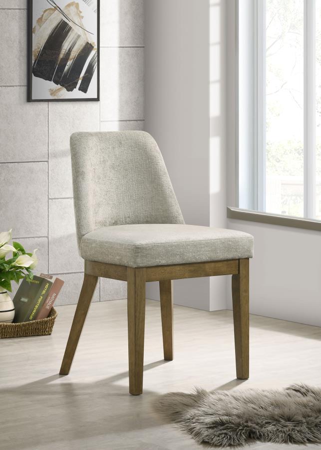 Complete your dining ensemble with this set of two modern side chairs. Offering inviting ambiance to your kitchen or dining room, the pair features a neutral look with a brown oak wood grain finish. Light tan fabric upholstery adds a touch of contrast and
