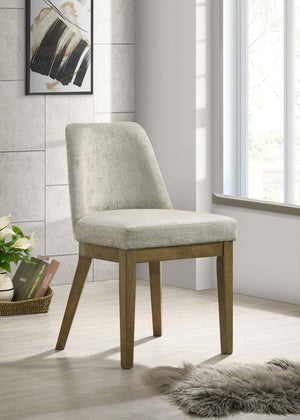 the pair features a neutral look with a brown oak wood grain finish. Light tan fabric upholstery adds a touch of contrast and