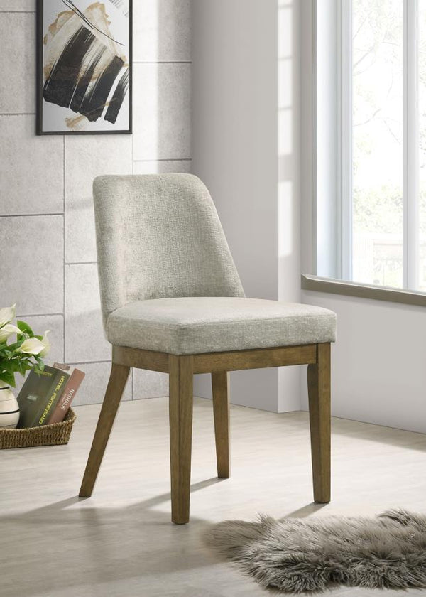 the pair features a neutral look with a brown oak wood grain finish. Light tan fabric upholstery adds a touch of contrast and