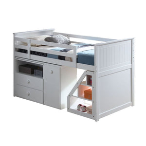 Designed to save space, this twin with storage ladder is a perfect solution for your children-'s bedroom. The piece carries a rich white finish and offers durability as well as relaxed style. The guard rails provide safety, while the ladder allows easy-ac