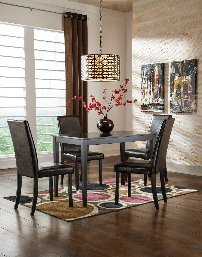 Made with select veneers and hardwood solids in a dark brown finish. Choice of ivory (-01) or brown faux leather (-02) seat cover. Beige fabric (-05), gray fabric (-06). Smaller apartment scaled tables in regular and counter heights. <h4><b>Kimonte - Dark