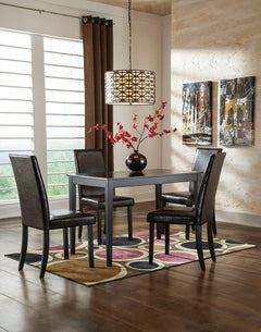 Made with select veneers and hardwood solids in a dark brown finish. Choice of ivory (-01) or brown faux leather (-02) seat cover. Beige fabric (-05), gray fabric (-06). Smaller apartment scaled tables in regular and counter heights. <h4><b>Kimonte - Dark