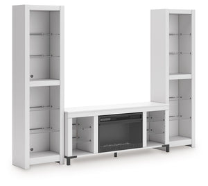 Level up your gaming experience and make movie nights to remember. This entertainment center with fireplace extends your entertainment beyond the screen. Its built-in fireplace brings the heat, synchronizing with LED backlighting on the assorted shelves. 