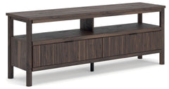 Crafted with both form and function in mind, this TV stand brings a dash of retro-cool character to your modern boho aesthetic. A reeded design on its drawers adds an on-trend touch to storing entertainment essentials. Warmly welcoming with a rich brown f