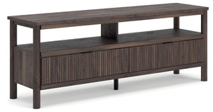 Crafted with both form and function in mind, this TV stand brings a dash of retro-cool character to your modern boho aesthetic. A reeded design on its drawers adds an on-trend touch to storing entertainment essentials. Warmly welcoming with a rich brown f
