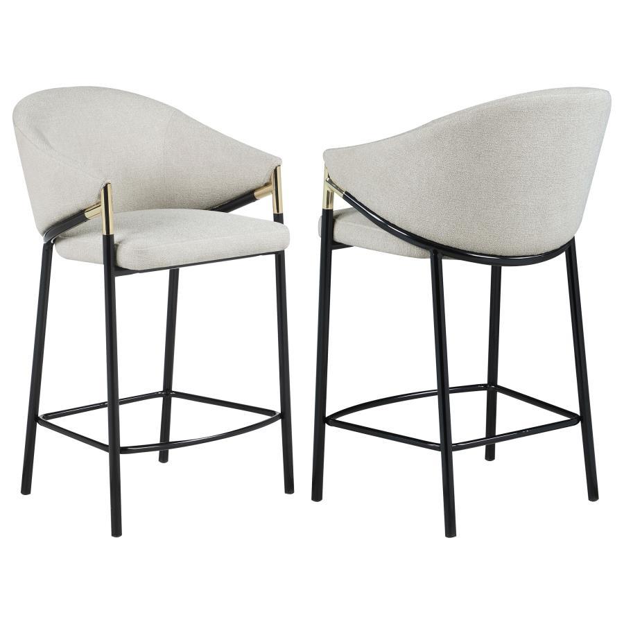 This pair of two stools offer a Hollywood regency look. With a tall and sleek design, the legs come in a glossy black finish that lends to many color palettes and offers a handsome look. Each stool has a cushioned seat, wrapped in a linen-like fabric that
