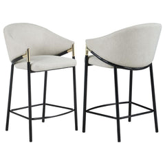 This pair of two stools offer a Hollywood regency look. With a tall and sleek design, the legs come in a glossy black finish that lends to many color palettes and offers a handsome look. Each stool has a cushioned seat, wrapped in a linen-like fabric that