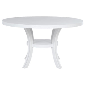  engaging look that features a roomy round tabletop and a cool white finish. The table boasts a square edge and stands on flared legs unified with a