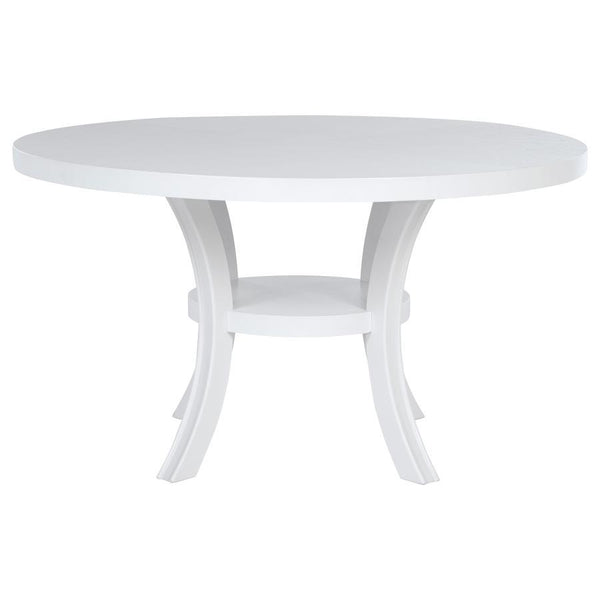  engaging look that features a roomy round tabletop and a cool white finish. The table boasts a square edge and stands on flared legs unified with a