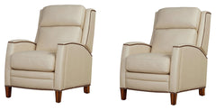The Vermont pushback recliner offers a luxurious and effortless manual pushback recline feature, allowing you to easily find the most comfortable position for relaxation. It is upholstered in soft leather with custom matching and features decorative nail 