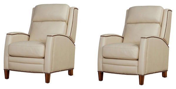 The Vermont pushback recliner offers a luxurious and effortless manual pushback recline feature, allowing you to easily find the most comfortable position for relaxation. It is upholstered in soft leather with custom matching and features decorative nail 
