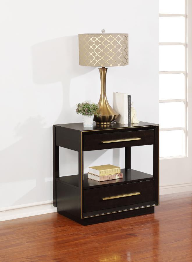 Inspire a retro feel in a modern bedroom with this stunning two-drawer nightstand. Elongated metallic drawer pulls protrude from flat drawer fronts, inspiring a sleek look. In a rich and warm smoke peppercorn finish, the deep hues of the silhouette create