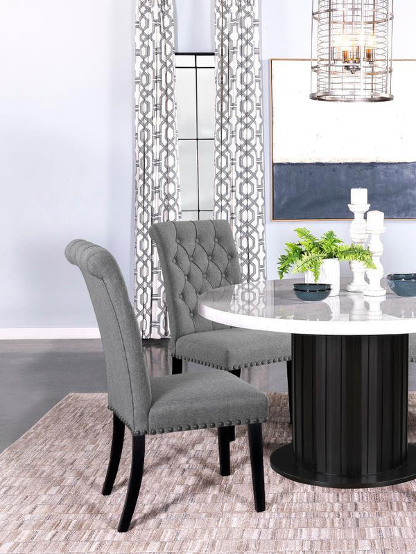  this side chair enhances any dining space. Its high backrest features a classic button-tufted design