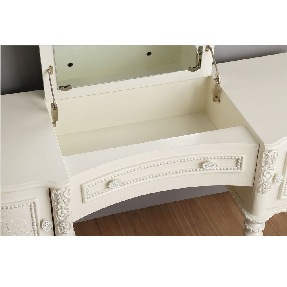 KD, Half Moon Vanity Desk & Mirror 2 Wooden Doors (Each with 1 Drawer Inside) Center with Flip-Top Mirror and Storage Compartment Wood Top & Wood Turned/Tapered Leg (KD)