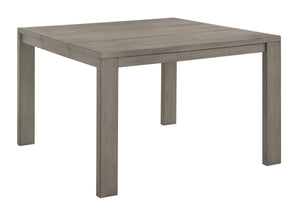This dining set exudes modern elegance with its counter-height design and a soft grey finish that beautifully complements any contemporary decor. The set features a sturdy, expandable square table that balances clean lines with a rustic wood grain texture