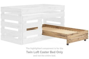 This twin loft caster bed is made of engineered wood (MDF/particleboard/plywood) and decorative laminate. Pairs with other items in the series to make a bed kit.<br><br><b>Additional Dimensions</b><br><ul><li>Rail to floor: 7.01-"</li><li>Assembled twin b