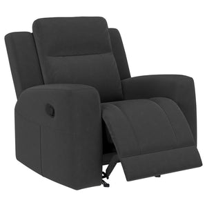  the recliner features matte suede-like upholstery in a neutral hue. Its clean lines and track arms blen