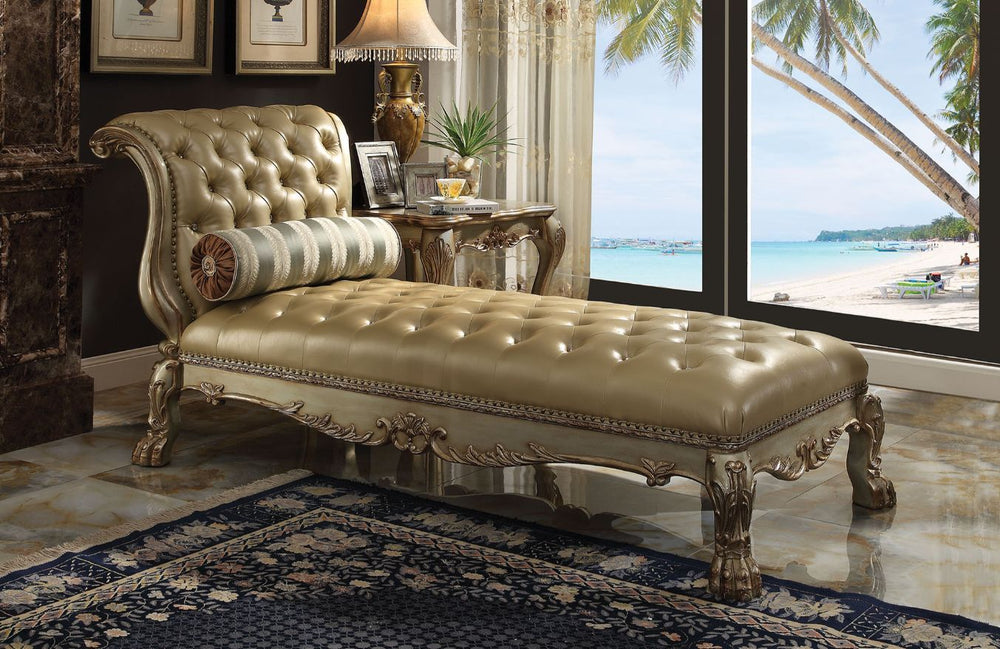 The Dresden Chaise brings elegant and traditional design into your living room. A hand-crafted piece inspired from the luxurious designs of the past, this stunning piece this stunning piece has a crackled gold patina and bone finish richly accented with g