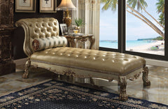 The Dresden Chaise brings elegant and traditional design into your living room. A hand-crafted piece inspired from the luxurious designs of the past, this stunning piece this stunning piece has a crackled gold patina and bone finish richly accented with g