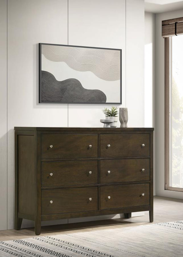  making it an essential addition to any modern bedroom. The dark cocoa finish highlights the clean lines and vertical details